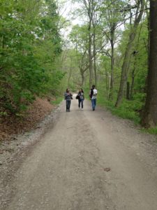 Three Landforce Staff hiking on a trail in Schenley Park.